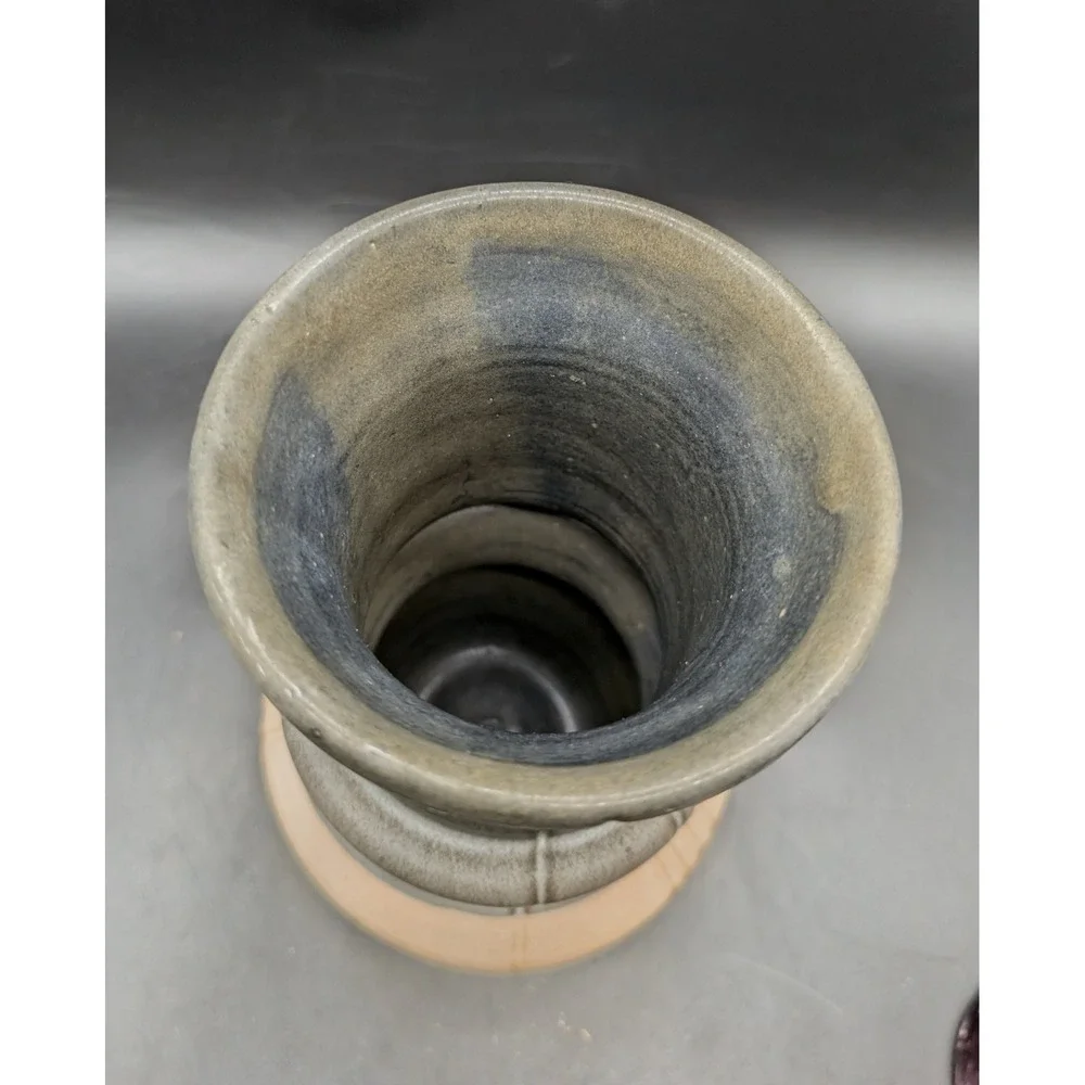 Signed Studio Pottery Brutalist Stoneware Vase Gray Sand Architectural 2022 7